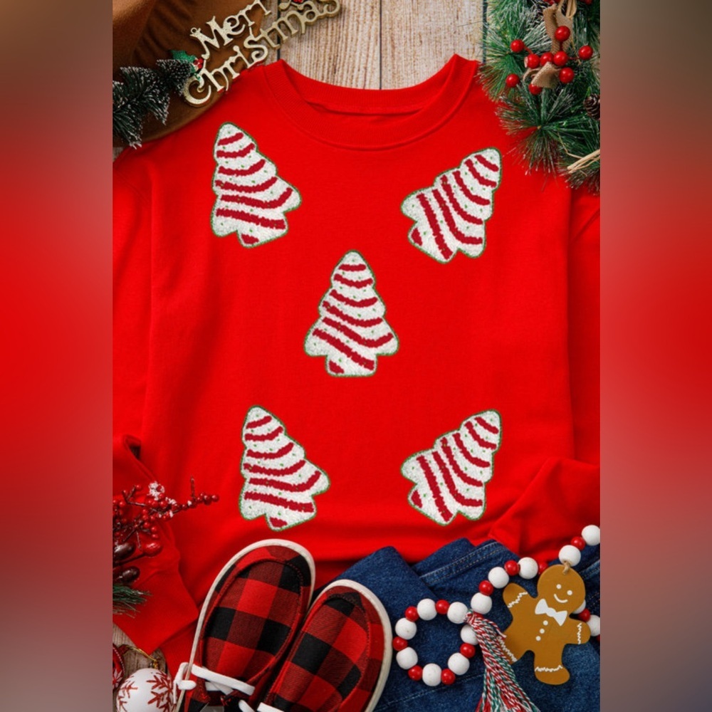 Red Christmas Tree Chenille Patched Drop Sweatershirt - Picture 3 of 8